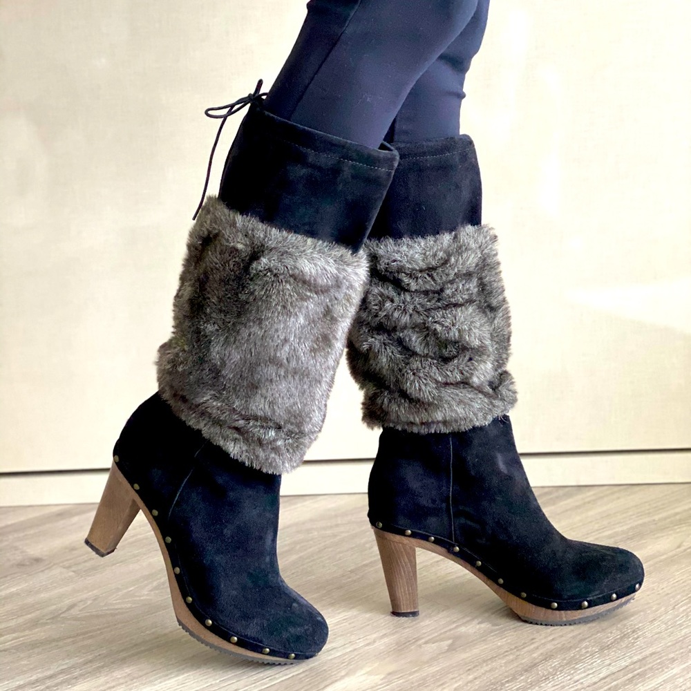 Black suede heeled boots with removable faux fur